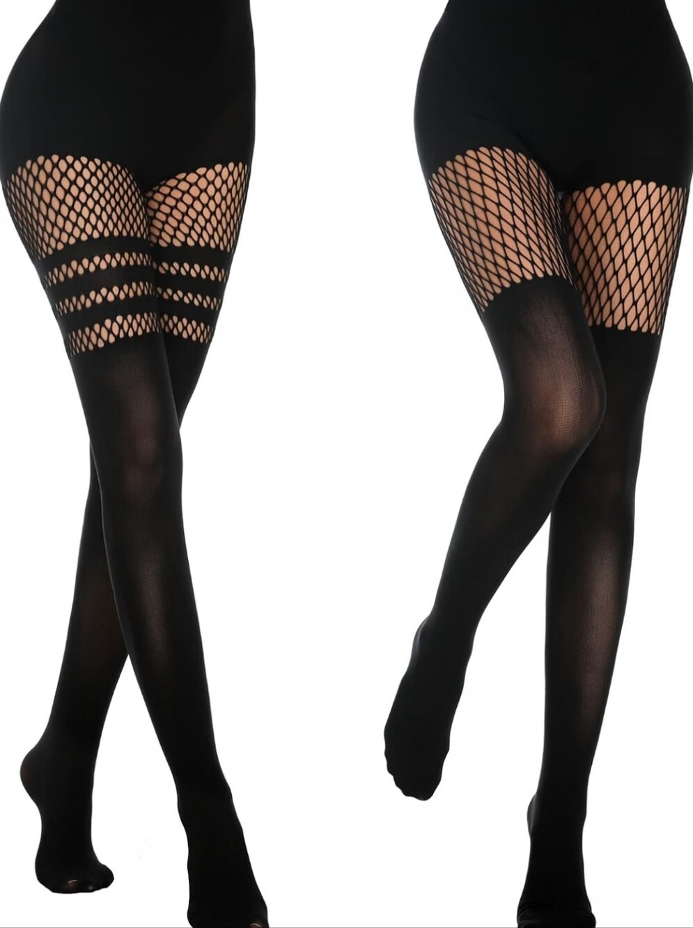 MANZI 2 Pack Faux Thigh High Fishnet Tights Striped Grid Black Goth One Size NIP
